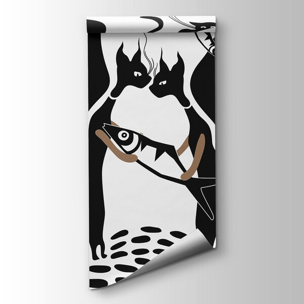 Black and white cat with fish and fish