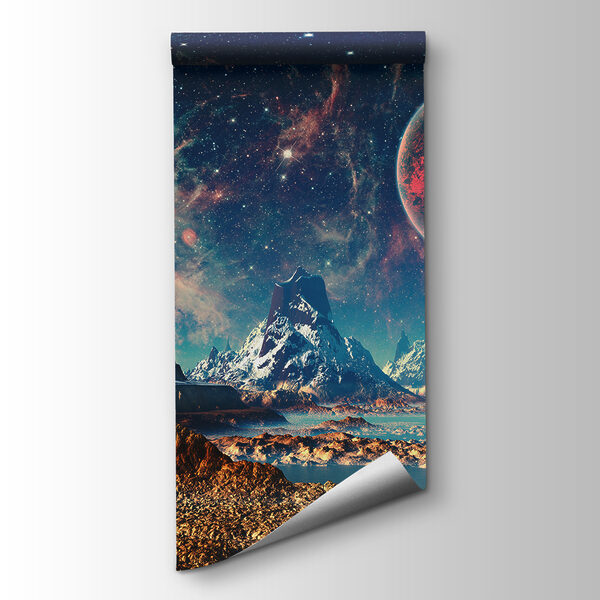 Landscape of mountains and water with planets and stars