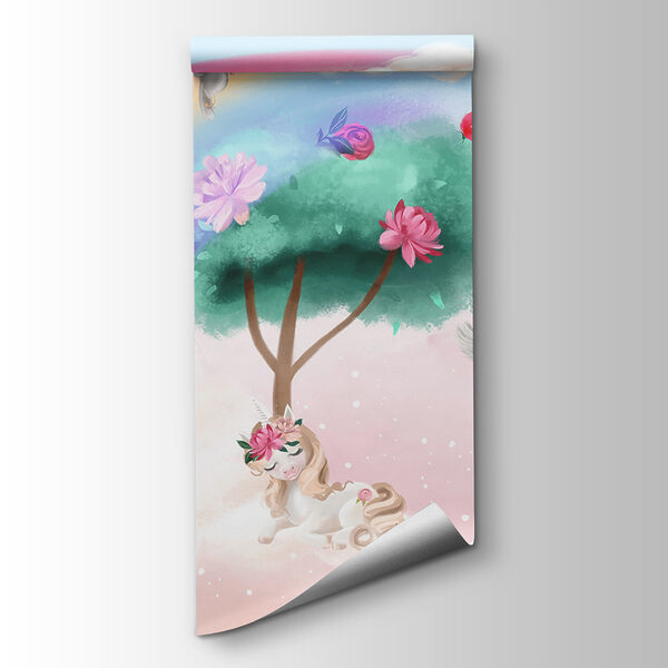 Cartoon of a girl with flowers on her hair and a rainbow