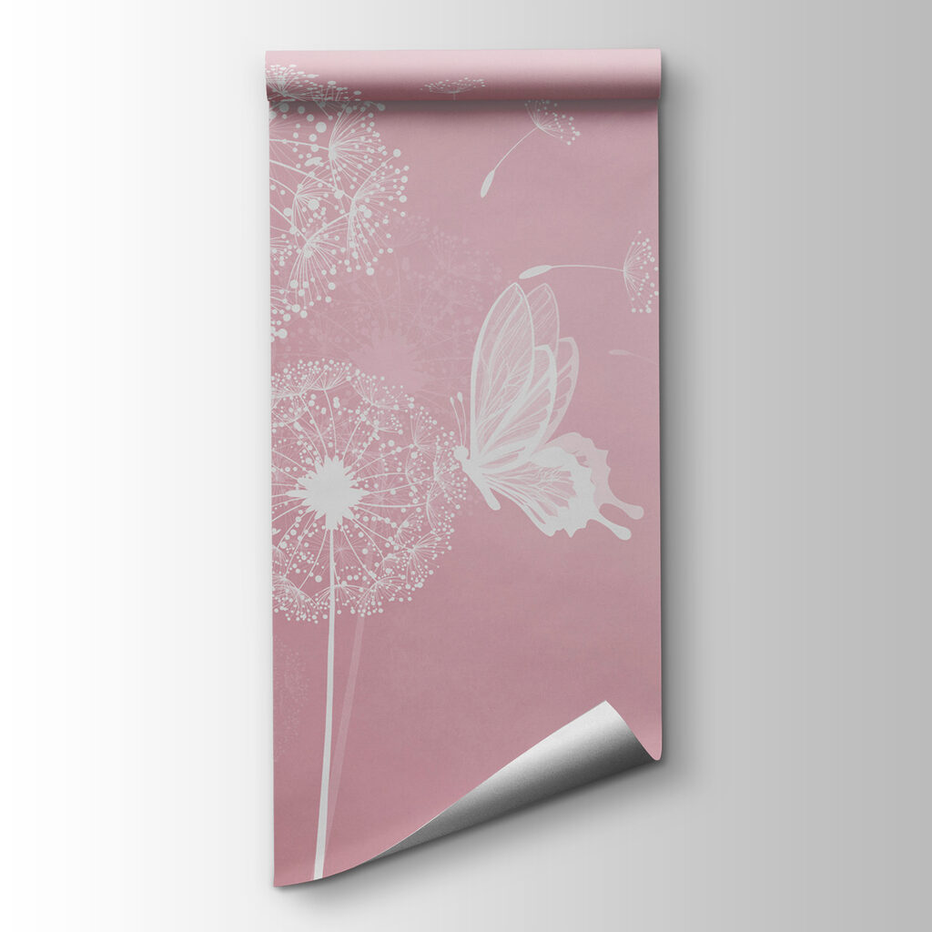 A pink background with white dandelions and butterflies A pink background with white dandelions and butterflies