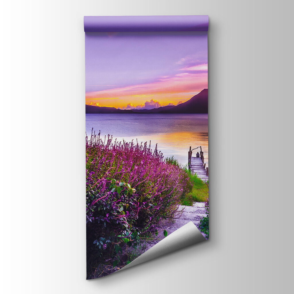 Path leading to a lake with purple flowers Path leading to a lake with purple flowers