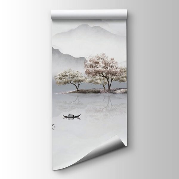 Painting of a lake with trees and mountains Painting of a lake with trees and mountains