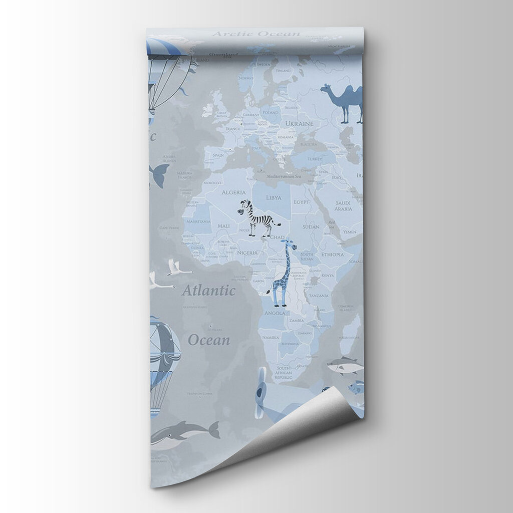 Map of the world with different types of airplanes and animals