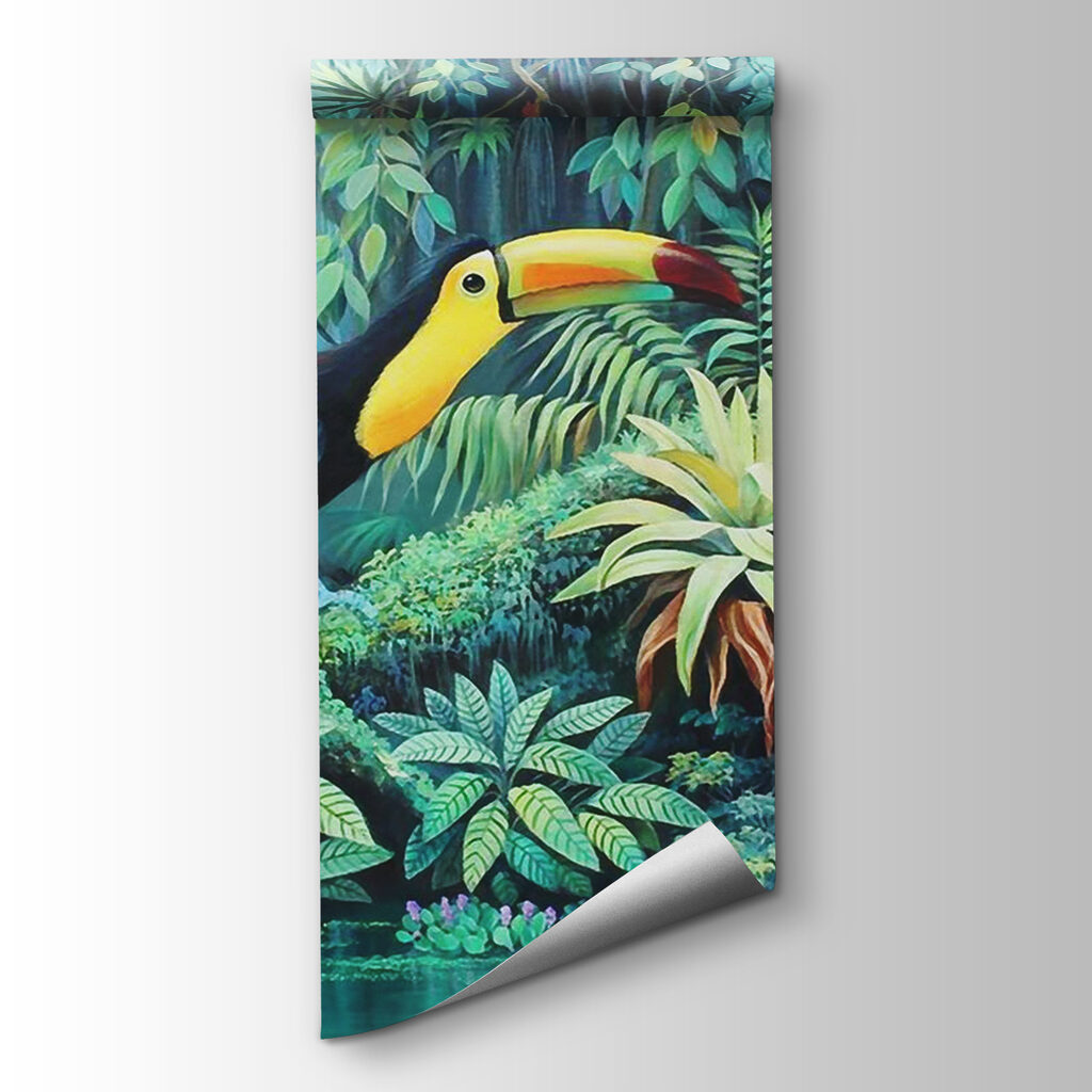 Painting of birds in a forest