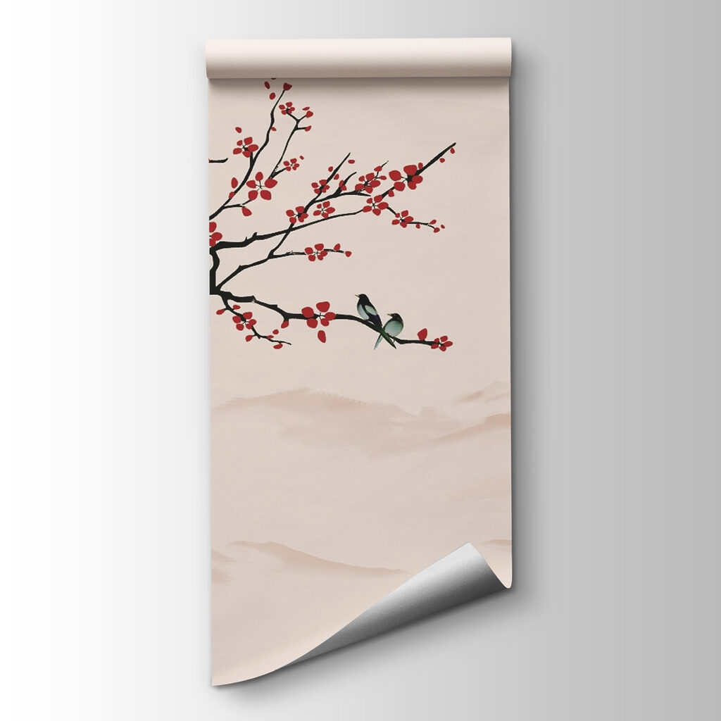 Tree branch with red flowers and a man on a boat Tree branch with red flowers and a man on a boat