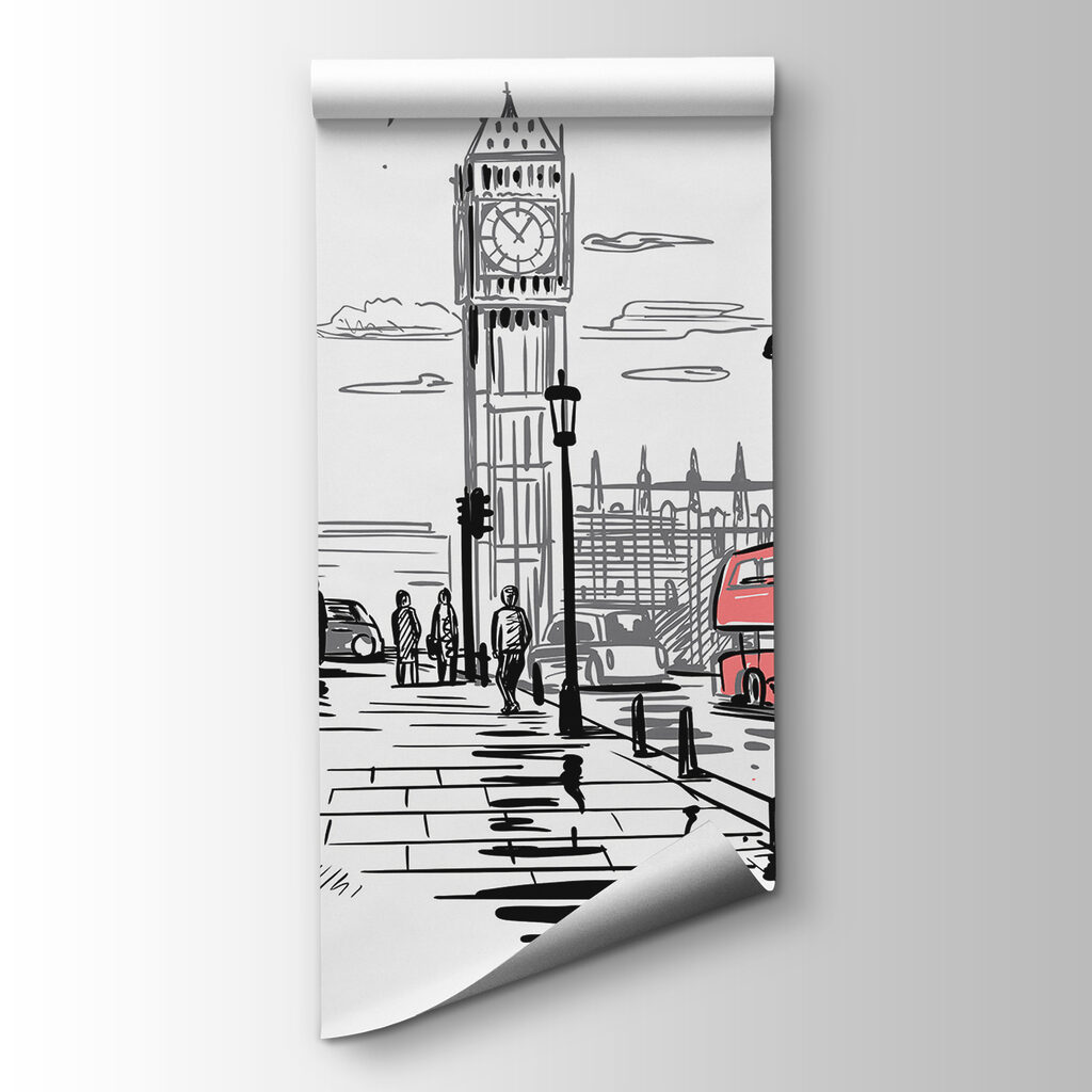 Red telephone booth and a red bus on a street