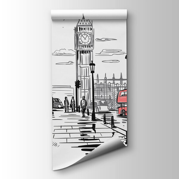 Red telephone booth and a red bus on a street