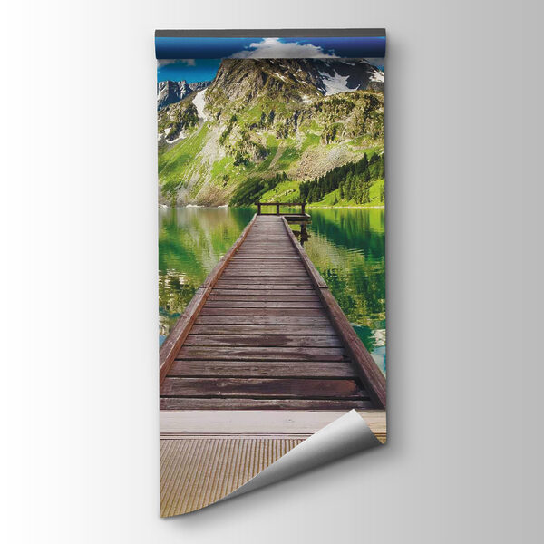 View of a lake from a room with a wooden dock and mountains View of a lake from a room with a wooden dock and mountains