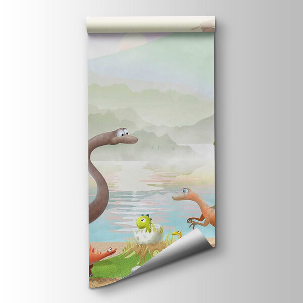 Group of dinosaurs near a lake