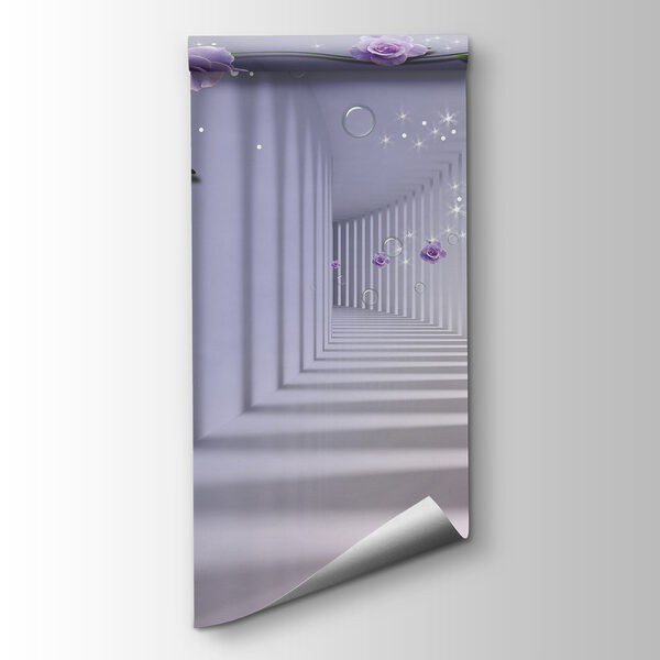 Wallpaper with purple roses and a staircase