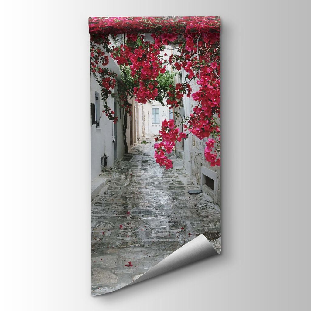 Stone alley with pink flowers