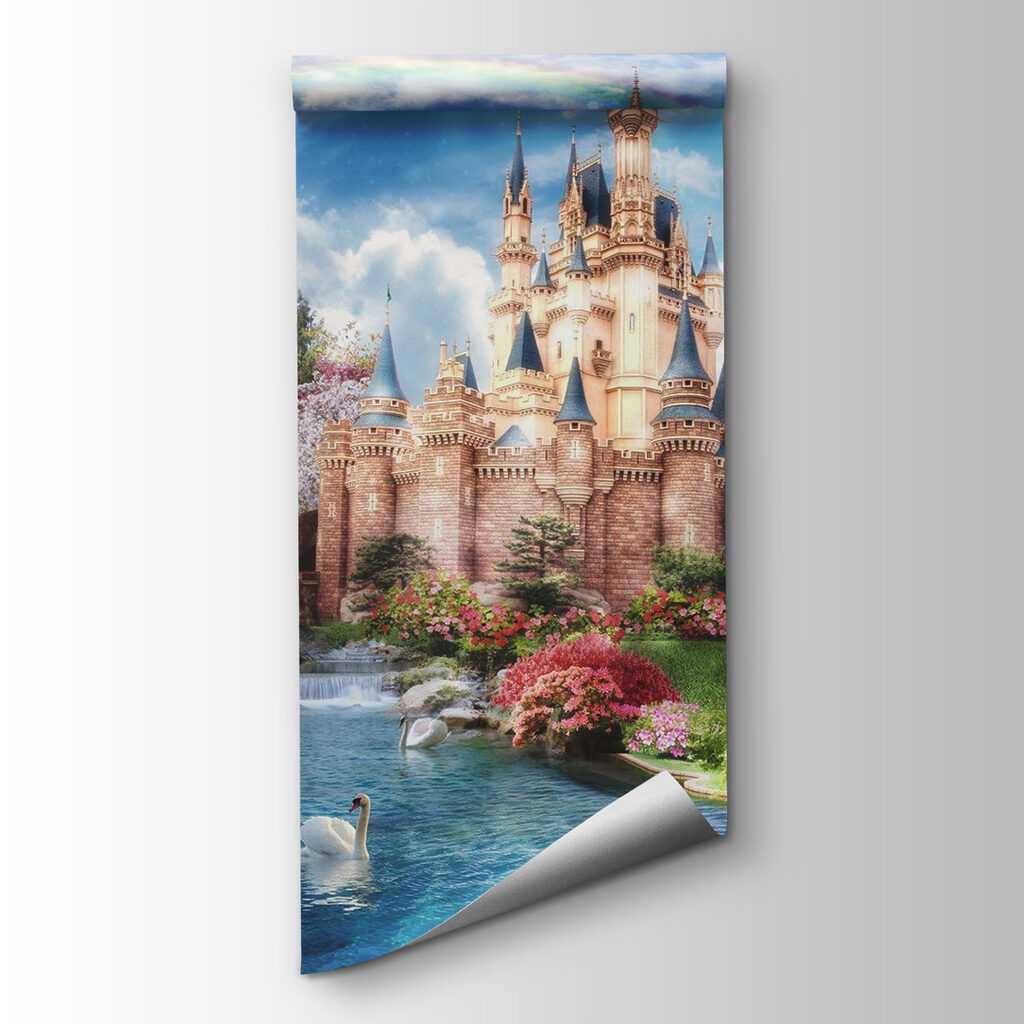 Castle with a pond and a rainbow Castle with a pond and a rainbow