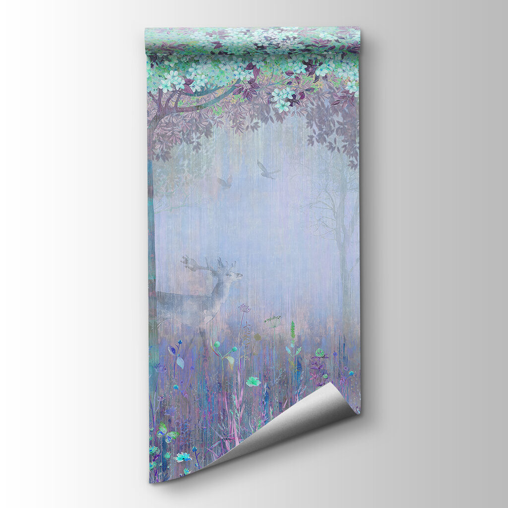 A painting of a forest with trees and flowers A painting of a forest with trees and flowers