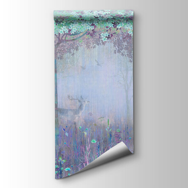 A painting of a forest with trees and flowers A painting of a forest with trees and flowers