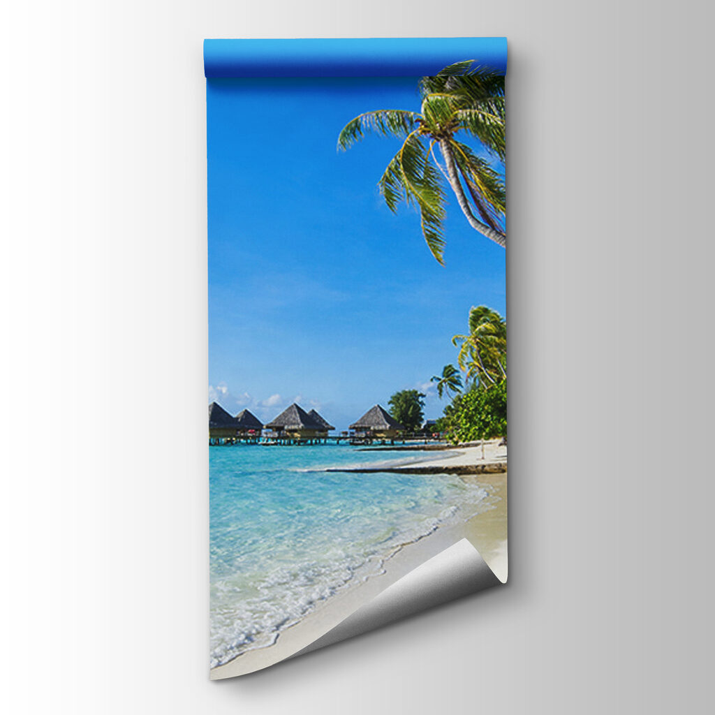 Beach with palm trees and huts Beach with palm trees and huts