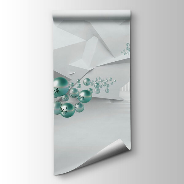 White room with white walls and white columns and green balls White room with white walls and white columns and green balls