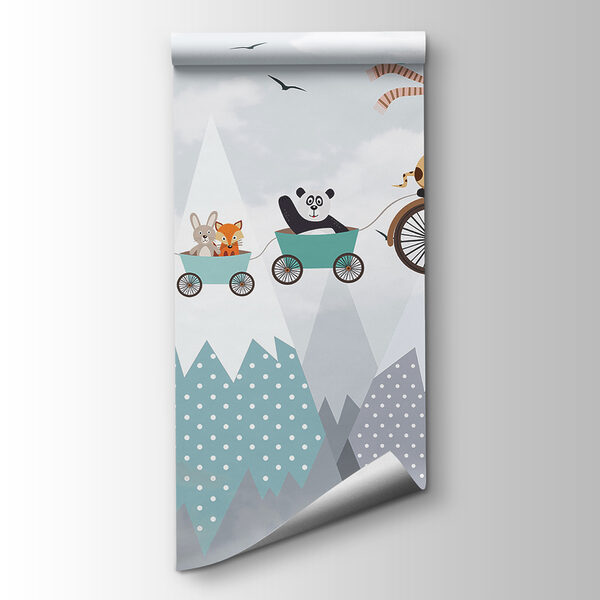 Giraffe riding a bicycle with a train and animals