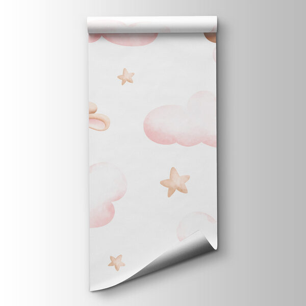 Group of pink clouds and a bunny holding balloons