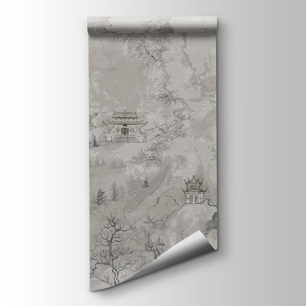 A painting of buildings on a mountain A painting of buildings on a mountain