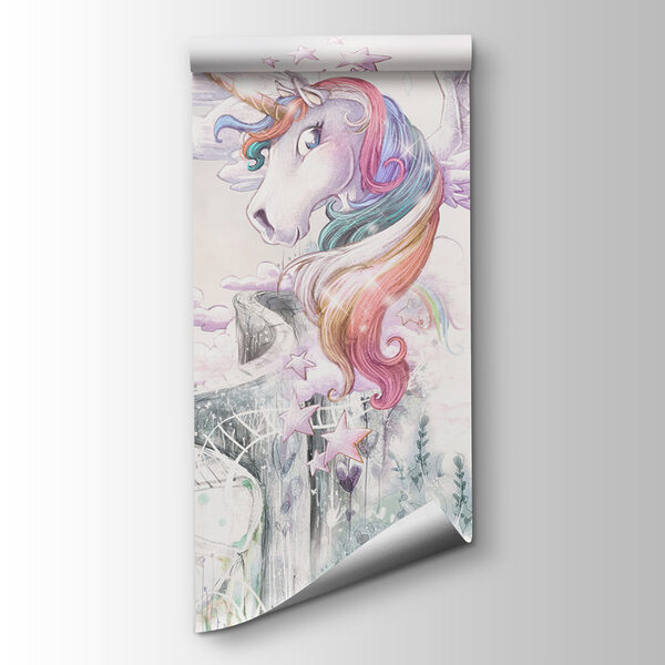 A unicorn with wings and a person flying