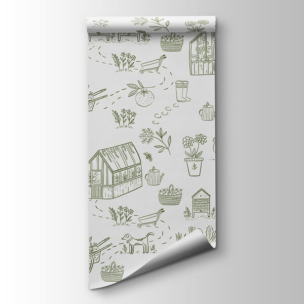 A pattern of gardening tools and plants