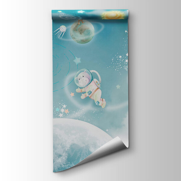 A cartoon space scene with planets and stars