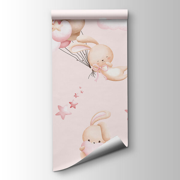 A group of cartoon bunnies holding balloons