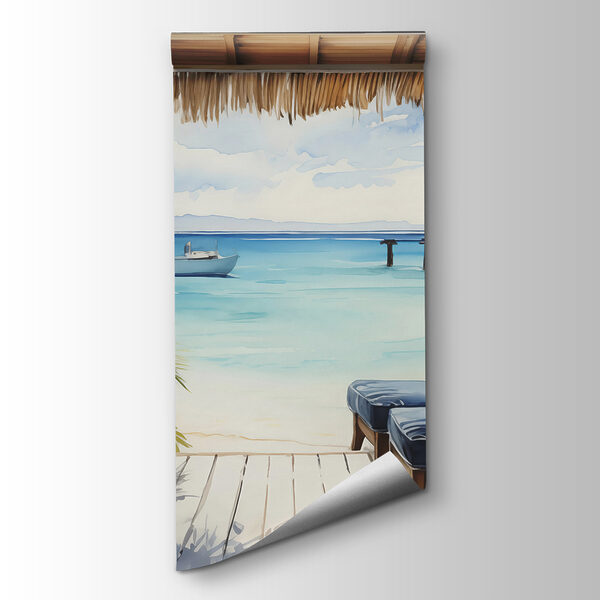 Watercolor painting of a beach with chairs and a boat Watercolor painting of a beach with chairs and a boat