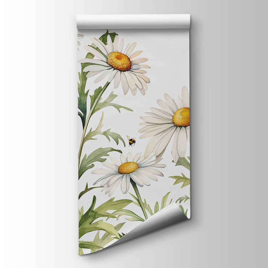 A group of white flowers with yellow centers and green leaves