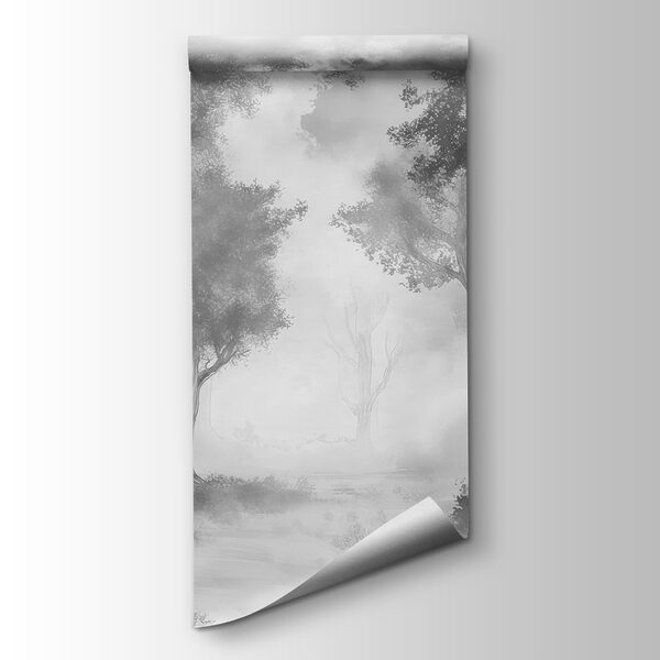 A black and white image of a forest