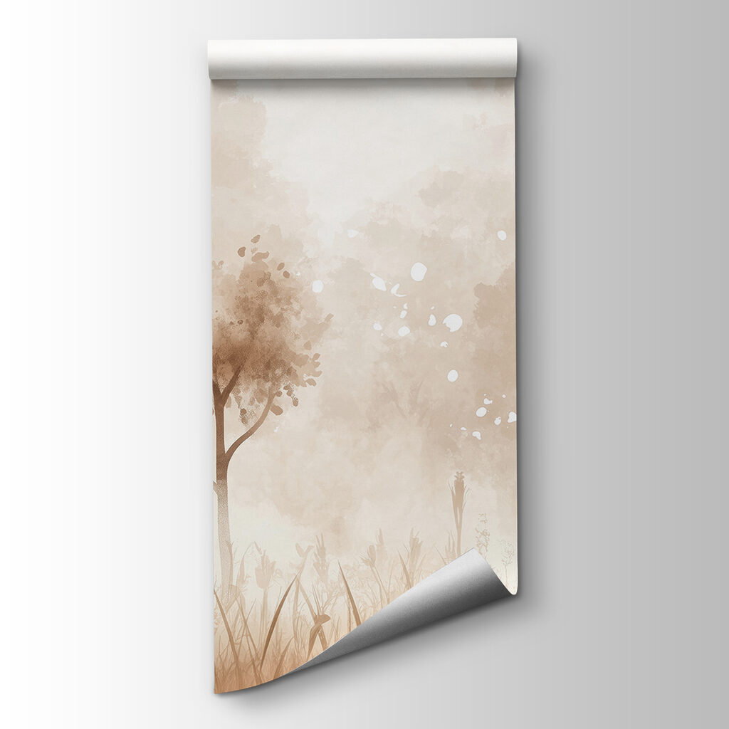 Foggy landscape with trees and grass