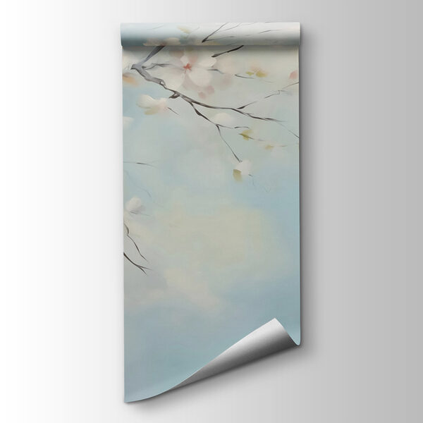 Painting of a tree branch with white flowers