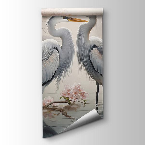 Couple of white birds standing in water with pink flowers