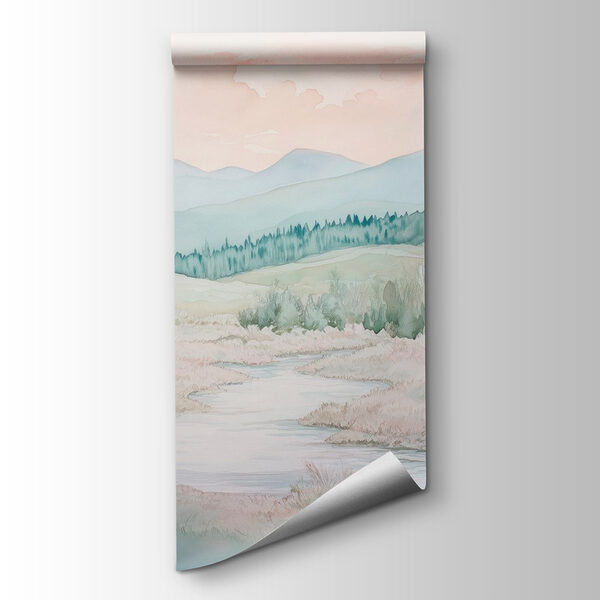 Watercolor painting of a river in a valley Watercolor painting of a river in a valley