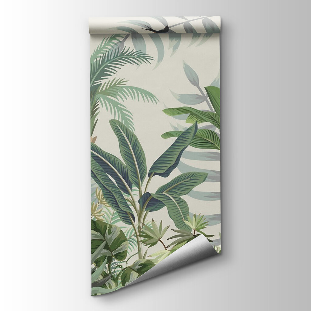 Wallpaper with tropical plants and birds
