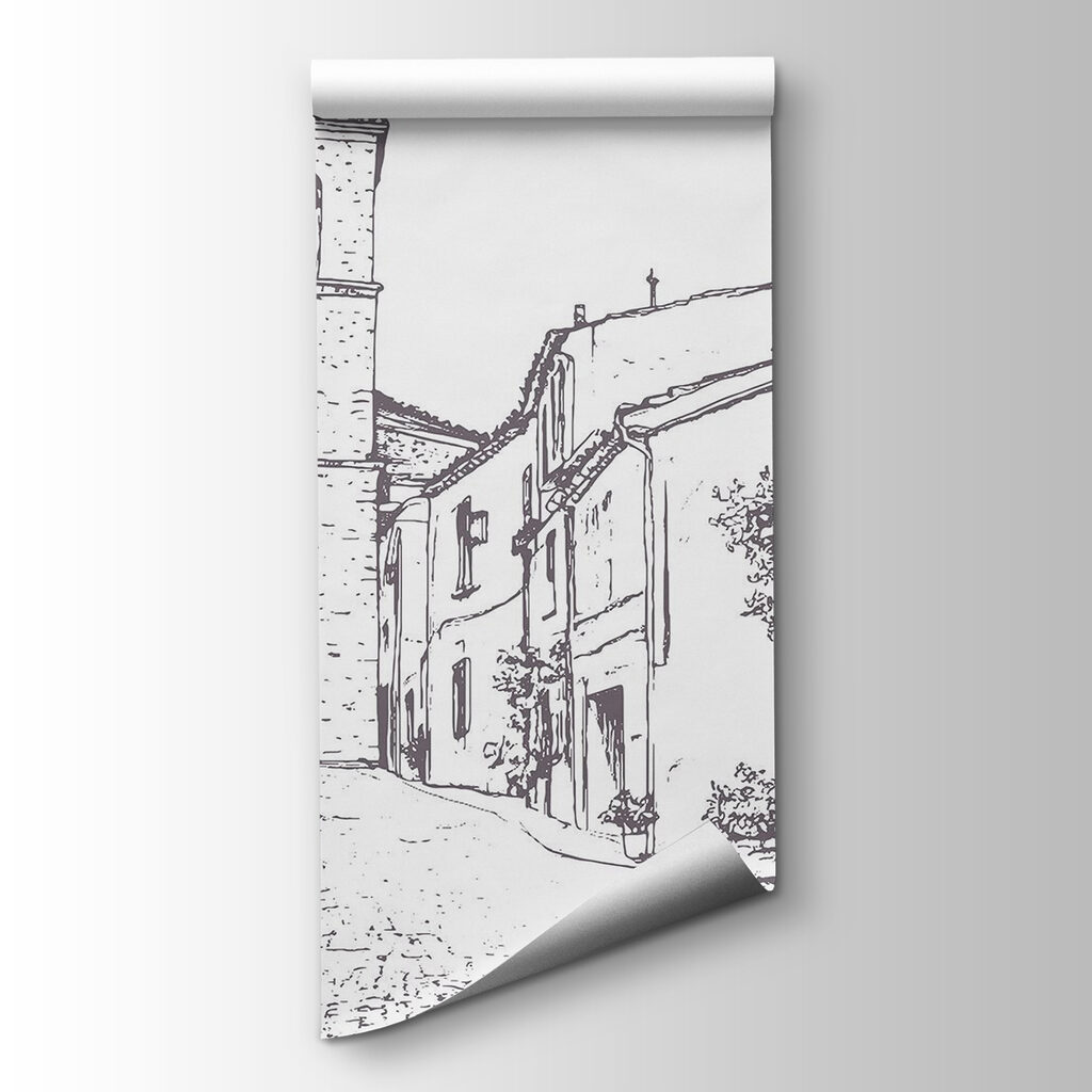 Drawing of a street with buildings and a bell tower