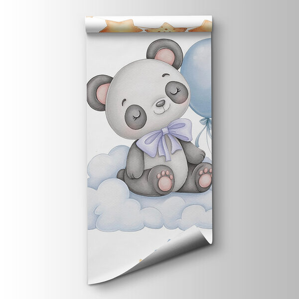 Cartoon panda sitting on a cloud with balloons