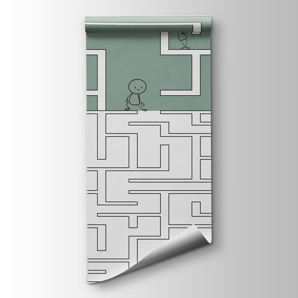 Maze game with cartoon people walking through the maze