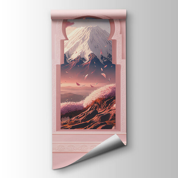 Three arched windows with a mountain view