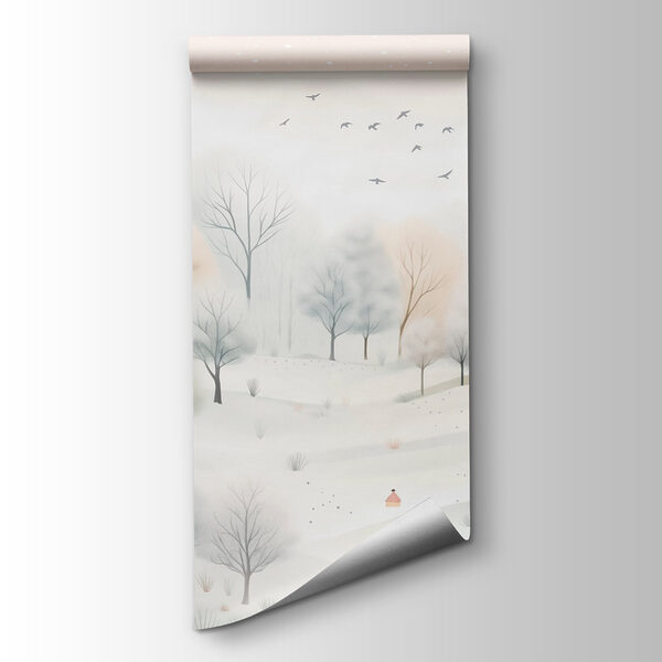 Snowy landscape with trees and birds