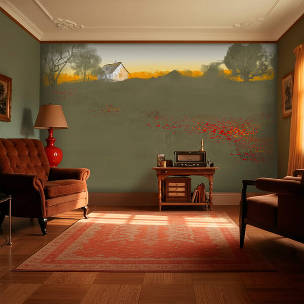 Fototapeta Fototapeta Pole červených květin s domem v pozadí (Katalogové číslo: t00525)