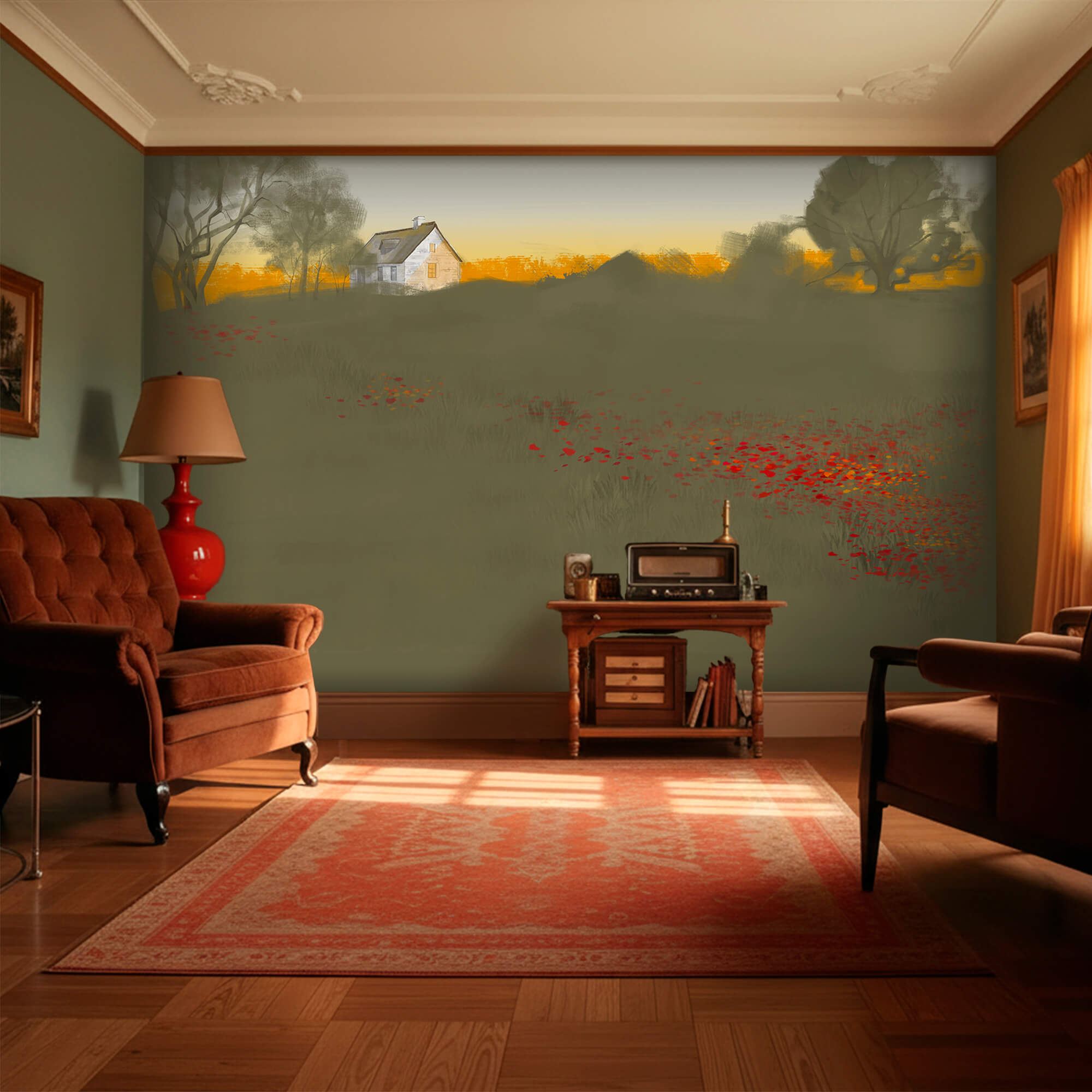 Pole červených květin s domem v pozadí