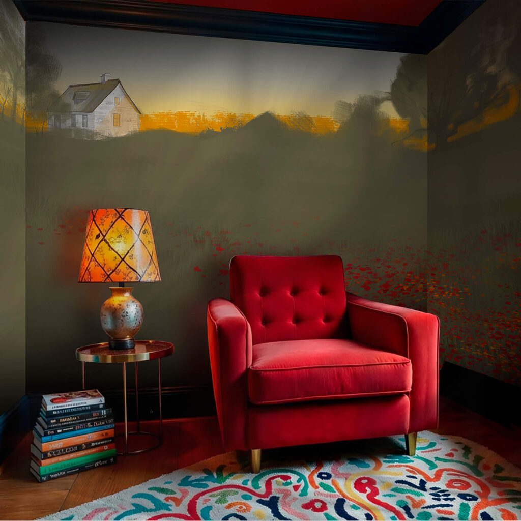 Pole červených květin s domem v pozadí