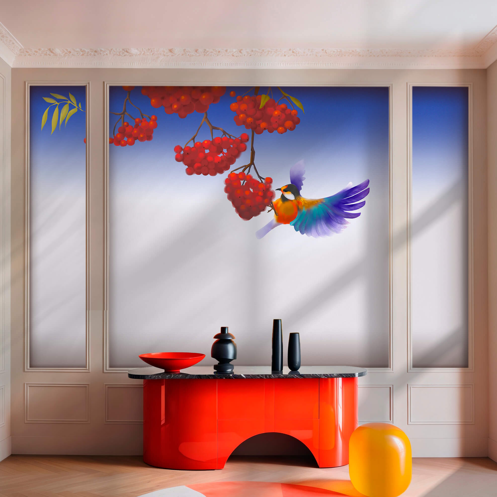 Pták pojídající červené bobule