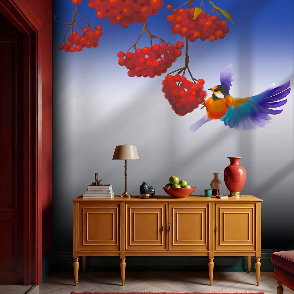 Pták pojídající červené bobule