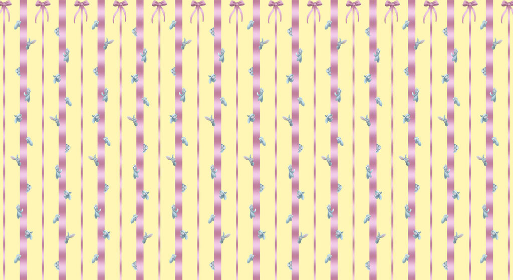 Pink and yellow striped background with birds and bows