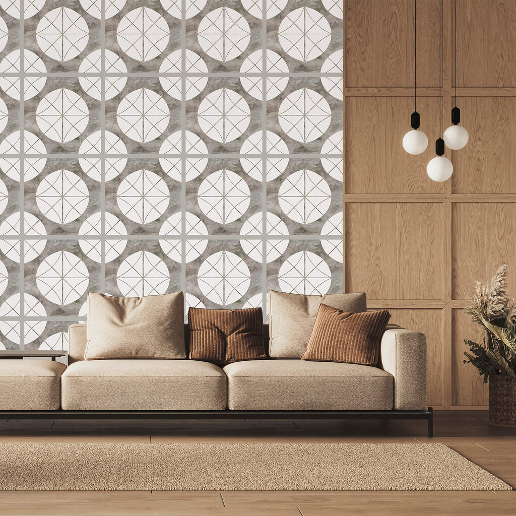 Vzor bílých kruhů a šedých čtverců