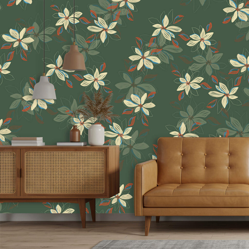 Vzor bílých květů a červených listů na zeleném pozadí