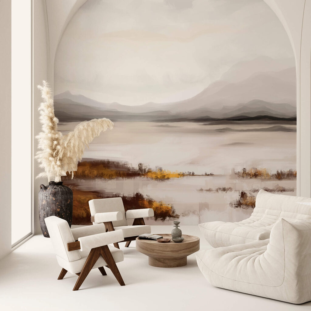 Krajina s jezerem a horami v pozadí