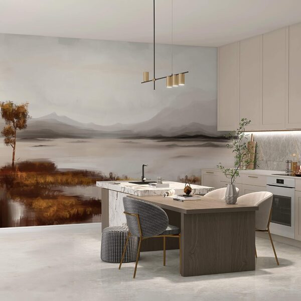 Krajina s jezerem a horami v pozadí